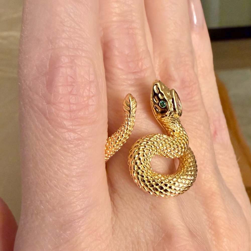 Snake Moissanite Ring w/ Emerald Eyes | 18K Gold-Plated - Picture 5 of 12